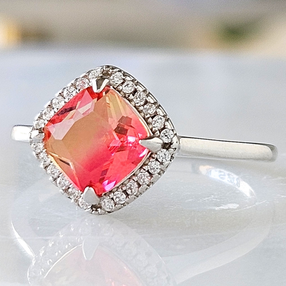 Pink and Peach Tourmarine Ring, 925 Sterling Silver Charmed Aroma